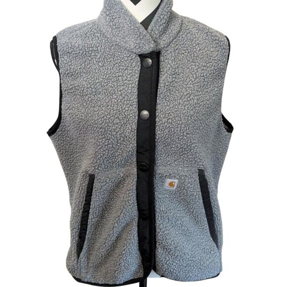 Carhartt Women's Sherpa Fleece Vest Gray Black Snap Front Relaxed Fit Medium - Picture 1 of 4